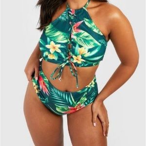 Plus Tropical Print Lace Up High Waisted Bikini